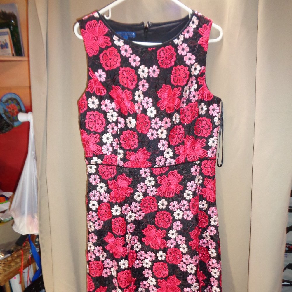 RSVP Talbots, black, red, pink flowered heavy lace over black inner lining